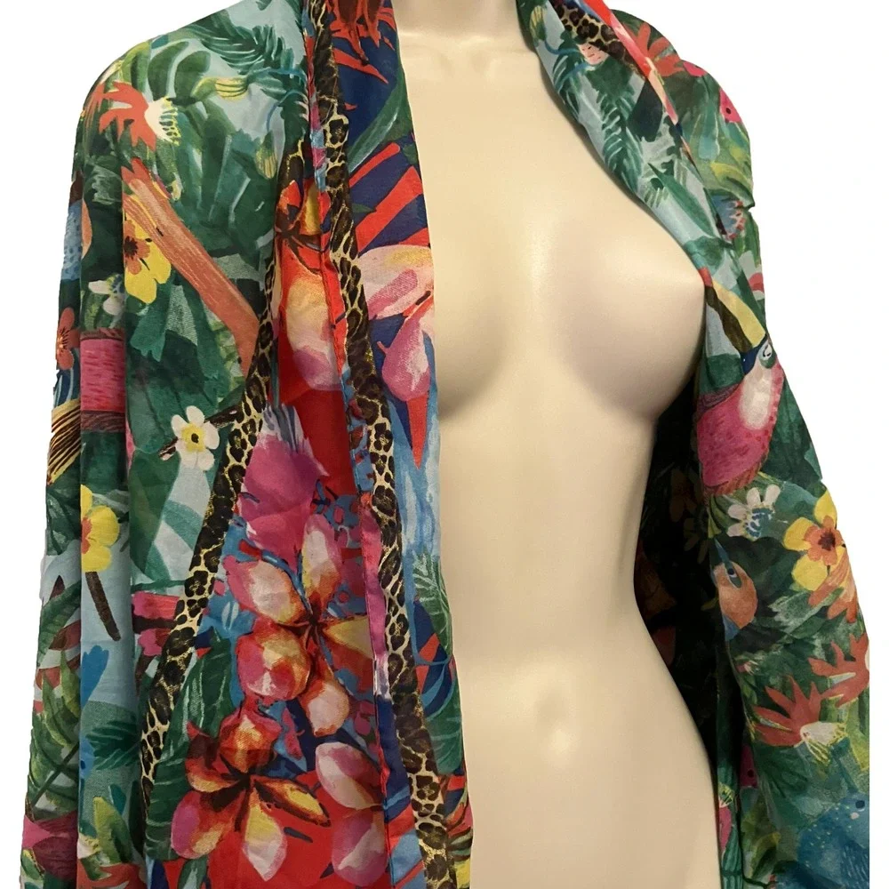 Antica Sartoria Giacomo Cinque Tropical Jungle Bird Scarf Shawl Wrap Green Red